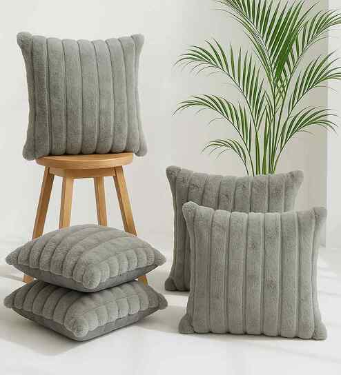 Grey Velvet Rabit Hair Feel 16X16 Inches 5Pcs Cushion Covers