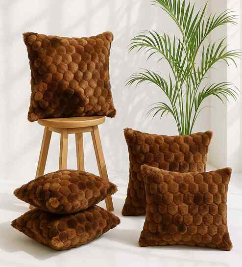 Brown Velvet Rabit Hair Feel 16X16 Inches 5Pcs Cushion Covers
