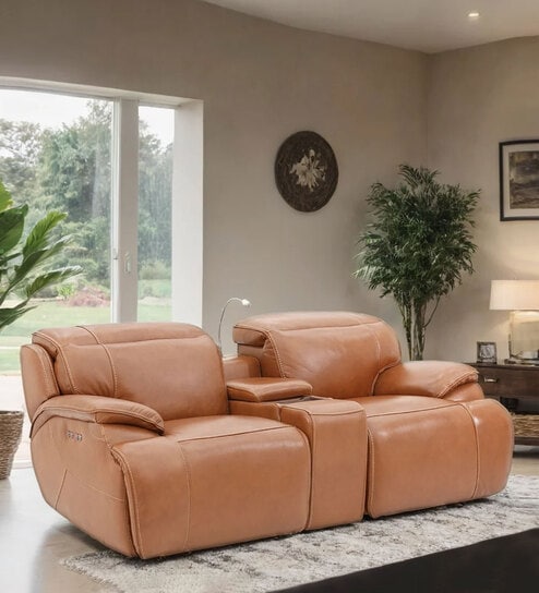Venice Half Leather 2 Seater Motorized Recliner With Adjustable Power Headrest & Footrest In Brown Color