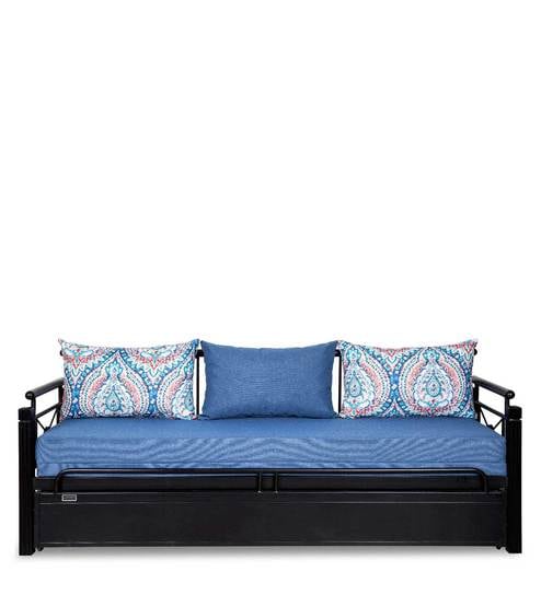 Metallika Venice Metallic Pull-Out Sofa Cum Bed with Storage & Blue Mattress