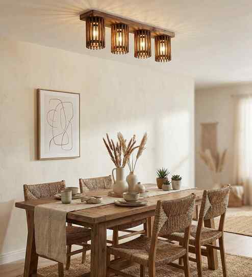Ventus 4 Lights Brown Solid Wood Flush Mounted Ceiling Light
