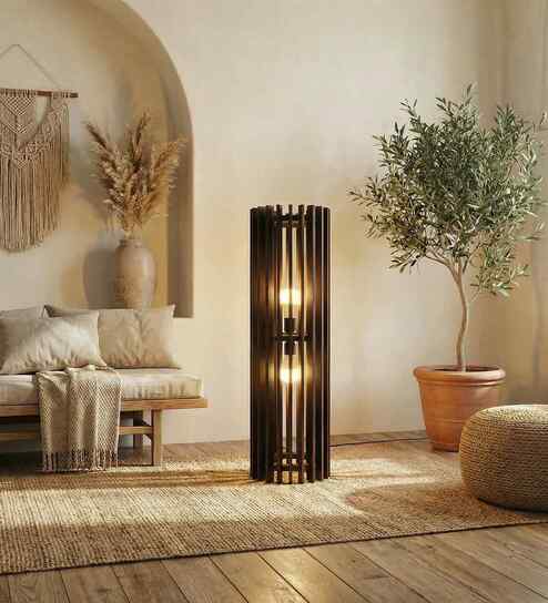 Ventus Brown Wooden Shade Column Floor Lamp With Wood Base