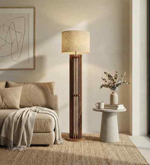 Ventus Wooden Floor Lamp with Jute Shade & Brown Base