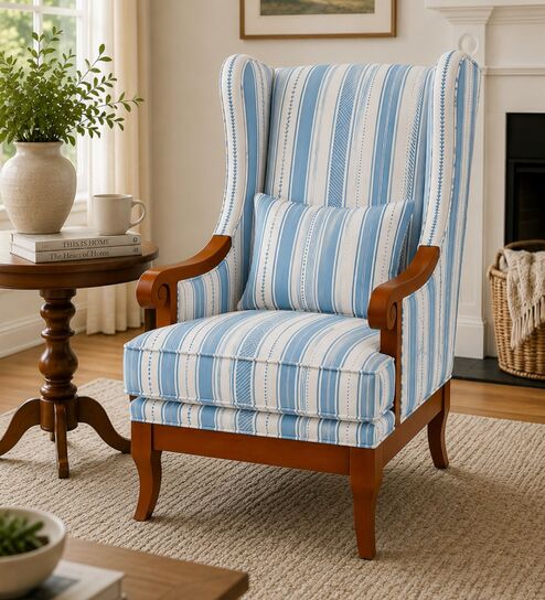 Vero Teak Wood Wing Chair With Suede Fabric In Striped Blue
