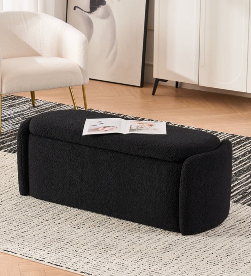 Verona Fabric Luxe Upholstered Storage  Ottoman in Black Colour