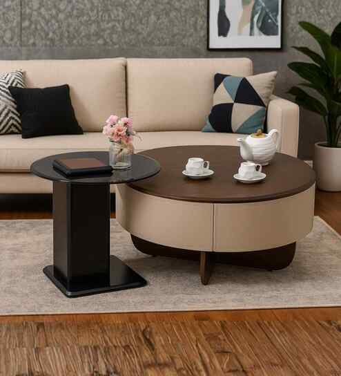 Verona Italian Glass Top Round Coffee Table Set Of 2 In Brown & Beige Finish