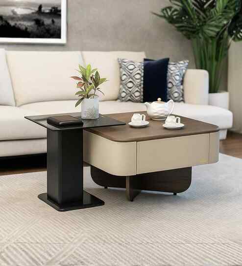 Verona Italian Glass Top Square Coffee Table Set Of 2 In Brown Beige Finish