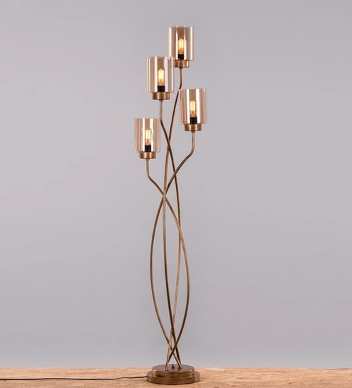 Verona Spiral Antique Brass 4-Light Floor Lamp with Amber Glass Shades