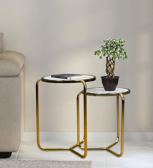 Verso Metal End Table In White & Gold Colour