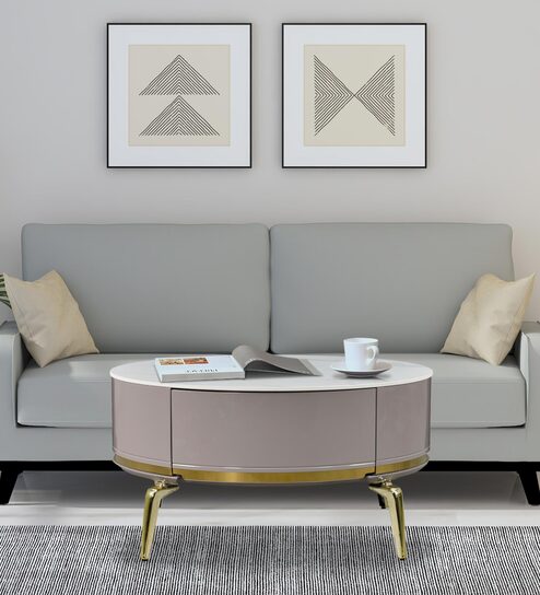 Vertex Marble Coffee Table in White & Cream Finish With Drawers