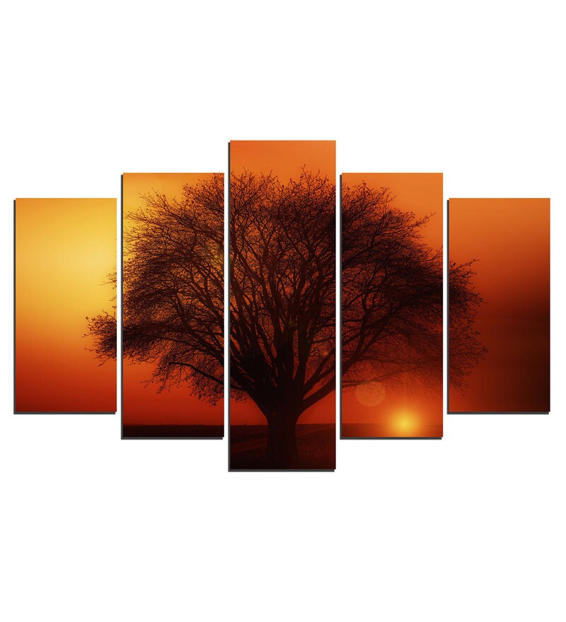Buy Velvet Laminated Sunset Tree Reflection Set of 5 Wall Art Panels by