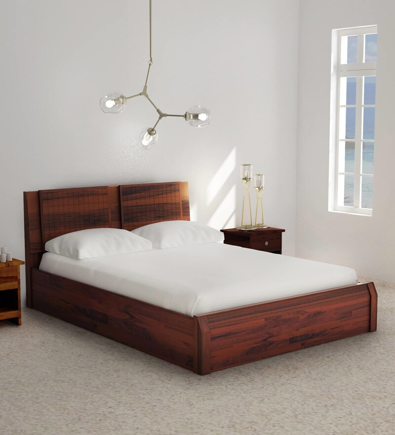 Buy Verkko Solid Wood Queen Size Bed with Box Storage in Honey Oak
