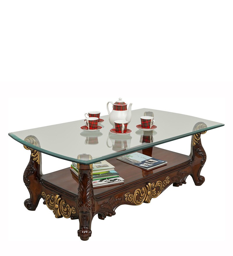 Buy Vertigo Coffee Table with Carving in Walnut Finish by Hansa Palace