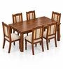 Vedika 6 Seater Dining Set In Provincial Teak Finish With Beige Colour Chair Vedika 6 Seater Dining Set In Provincial Teak Finish With Beige Colour Chair