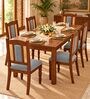 Vedika 6 Seater Dining Set In Provincial Teak Finish With Grey Colour Chair Vedika 6 Seater Dining Set In Provincial Teak Finish With Grey Colour Chair