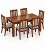 Vedika 6 Seater Dining Set In Provincial Teak Finish With Grey Colour Chair Vedika 6 Seater Dining Set In Provincial Teak Finish With Grey Colour Chair