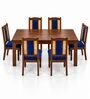 Vedika 6 Seater Dining Set In Provincial Teak Finish With Navy Blue Colour Chair Vedika 6 Seater Dining Set In Provincial Teak Finish With Navy Blue Colour Chair