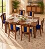 Vedika 6 Seater Dining Set In Provincial Teak Finish With Navy Blue Colour Chair Vedika 6 Seater Dining Set In Provincial Teak Finish With Navy Blue Colour Chair