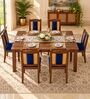 Vedika 6 Seater Dining Set In Provincial Teak Finish With Navy Blue Colour Chair Vedika 6 Seater Dining Set In Provincial Teak Finish With Navy Blue Colour Chair