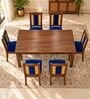 Vedika 6 Seater Dining Set In Provincial Teak Finish With Navy Blue Colour Chair Vedika 6 Seater Dining Set In Provincial Teak Finish With Navy Blue Colour Chair