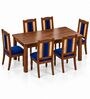 Vedika 6 Seater Dining Set In Provincial Teak Finish With Navy Blue Colour Chair Vedika 6 Seater Dining Set In Provincial Teak Finish With Navy Blue Colour Chair