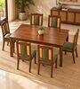 Vedika 6 Seater Dining Set In Provincial Teak Finish With Olive Green Colour Chair Vedika 6 Seater Dining Set In Provincial Teak Finish With Olive Green Colour Chair