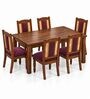 Vedika 6 Seater Dining Set In Provincial Teak Finish With Plum Colour Chair Vedika 6 Seater Dining Set In Provincial Teak Finish With Plum Colour Chair