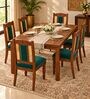 Vedika 6 Seater Dining Set In Provincial Teak Finish With Teal Green Colour Chair Vedika 6 Seater Dining Set In Provincial Teak Finish With Teal Green Colour Chair