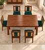 Vedika 6 Seater Dining Set In Provincial Teak Finish With Teal Green Colour Chair Vedika 6 Seater Dining Set In Provincial Teak Finish With Teal Green Colour Chair