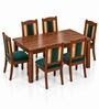 Vedika 6 Seater Dining Set In Provincial Teak Finish With Teal Green Colour Chair Vedika 6 Seater Dining Set In Provincial Teak Finish With Teal Green Colour Chair
