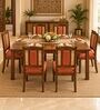 Vedika 6 Seater Dining Set In Provincial Teak Finish With Terracotta Orange Colour Chair Vedika 6 Seater Dining Set In Provincial Teak Finish With Terracotta Orange Colour Chair