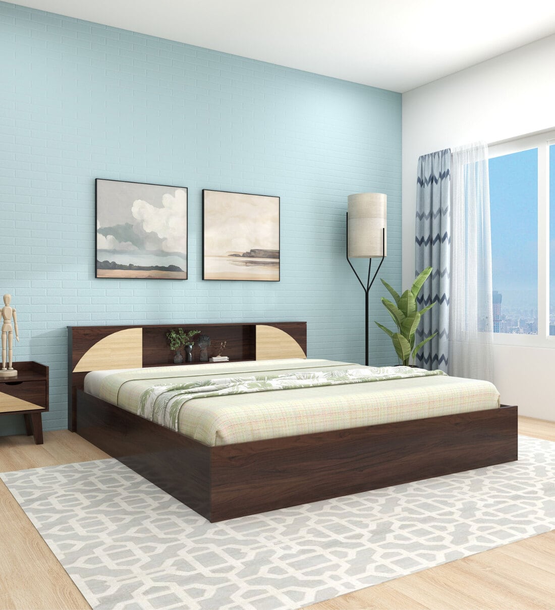 Buy Vida Queen Size Bed With Headboard & Box Storage in Walnut Melamine ...