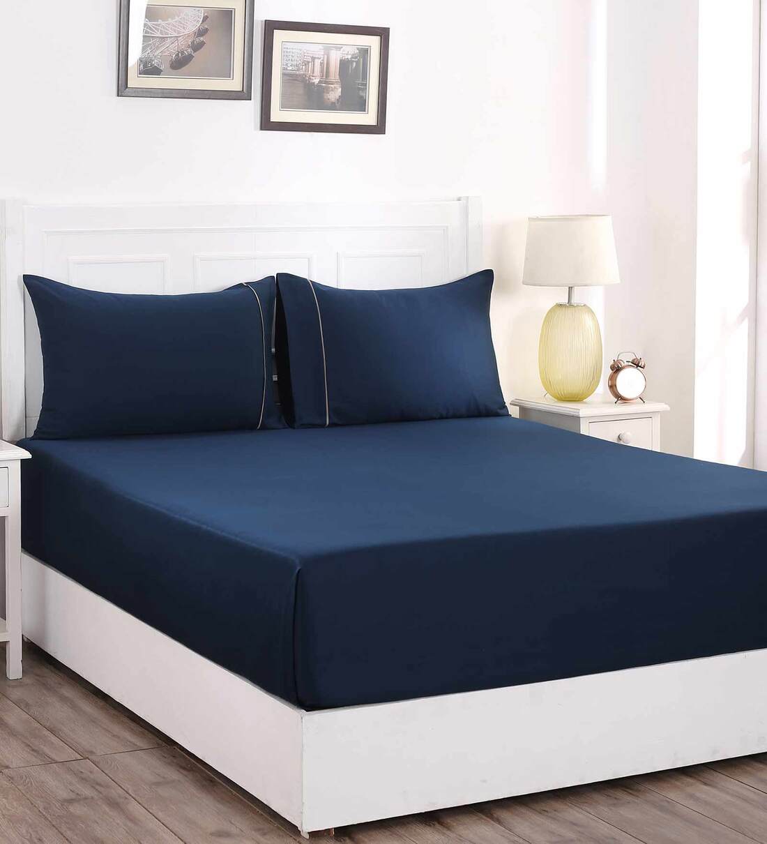 Buy Viola Blue Solid 300 TC 100 Cotton King Size Bedsheet With 2