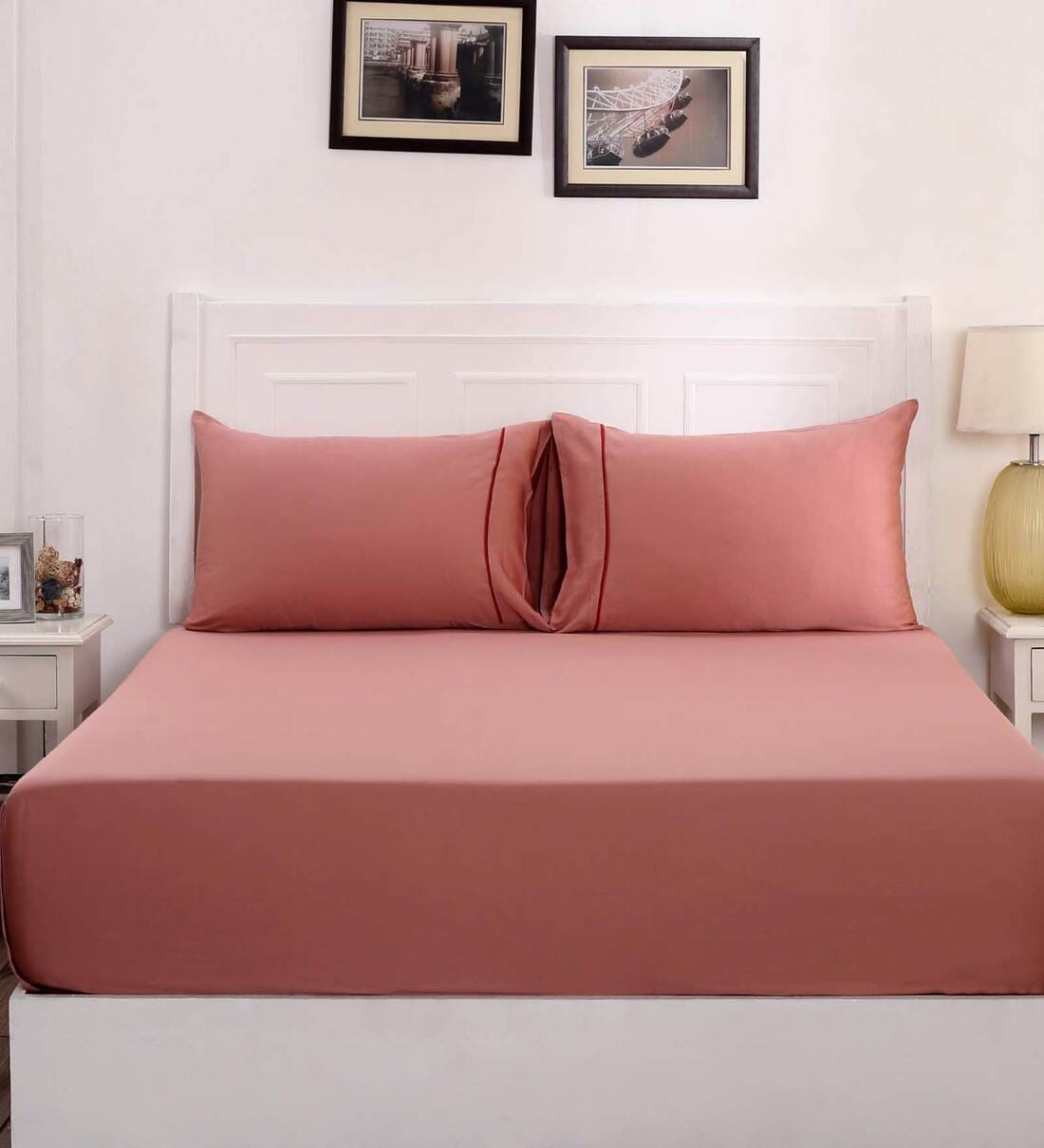 Buy Viola Pink Solid 300 TC 100 Cotton King Size Bedsheet With 2