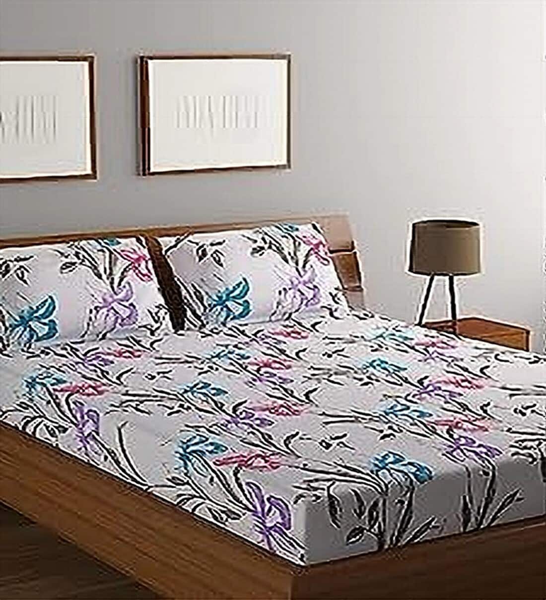 Buy Violet Floral 164 TC Cotton King Bedsheet with 2 Pillow Covers by