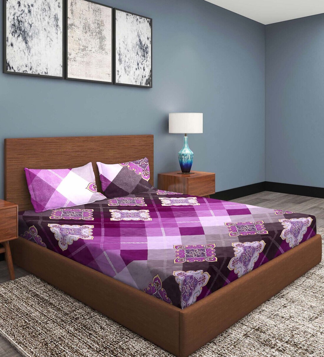 Buy Violet Traditional 210 TC Cotton 1 Bedsheet with 2 Pillow Covers By