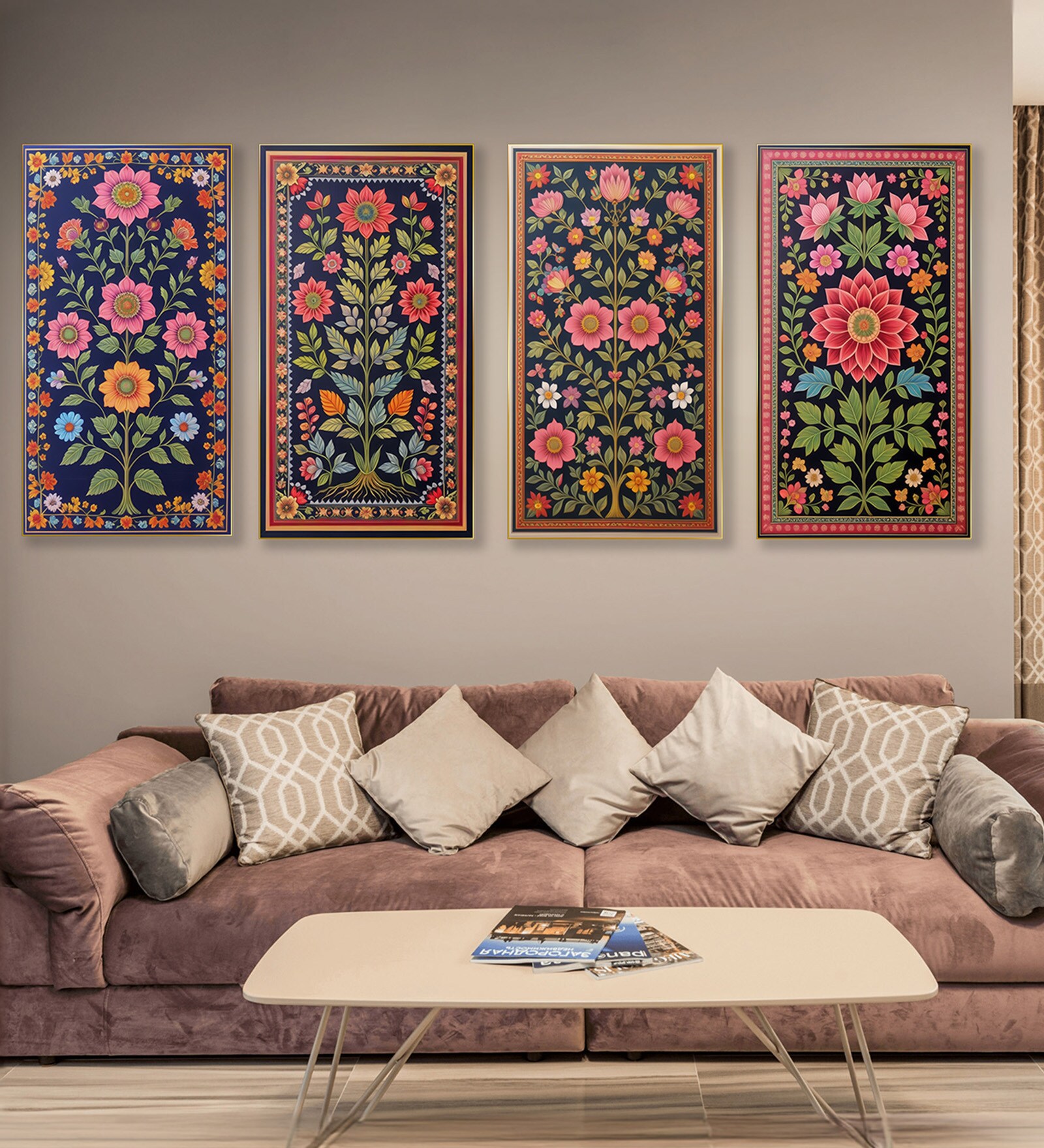 Blue Floral Tapestry Series Set of 4 Printed Wall Painting Gold Frame