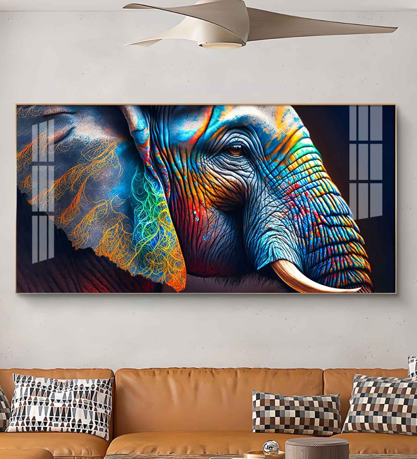 Vibrant Elephant Glass Finish Horizontal Wall Art