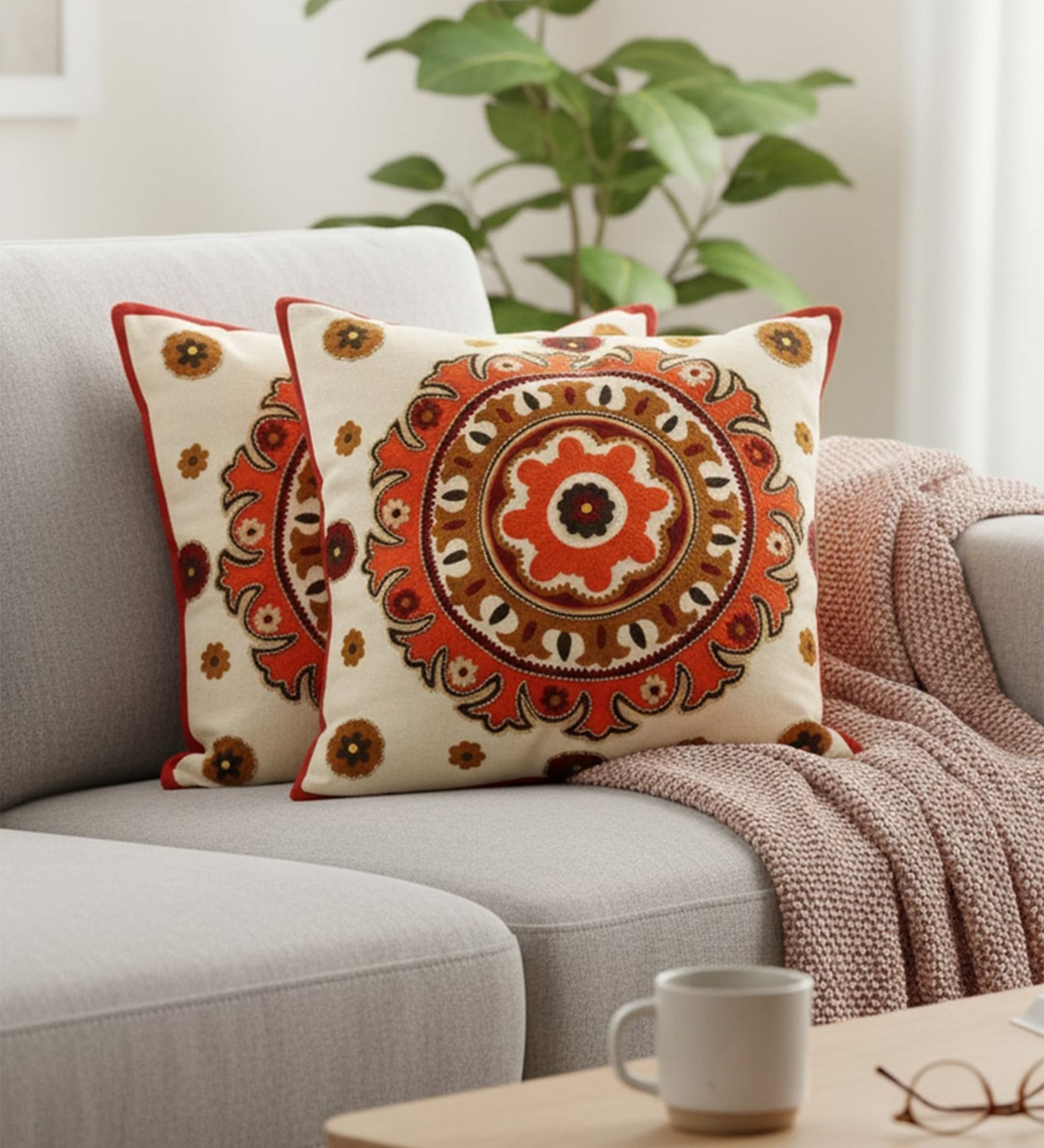 Vibrant Embroidered Mandala Throw Cushion Cover (18x18)