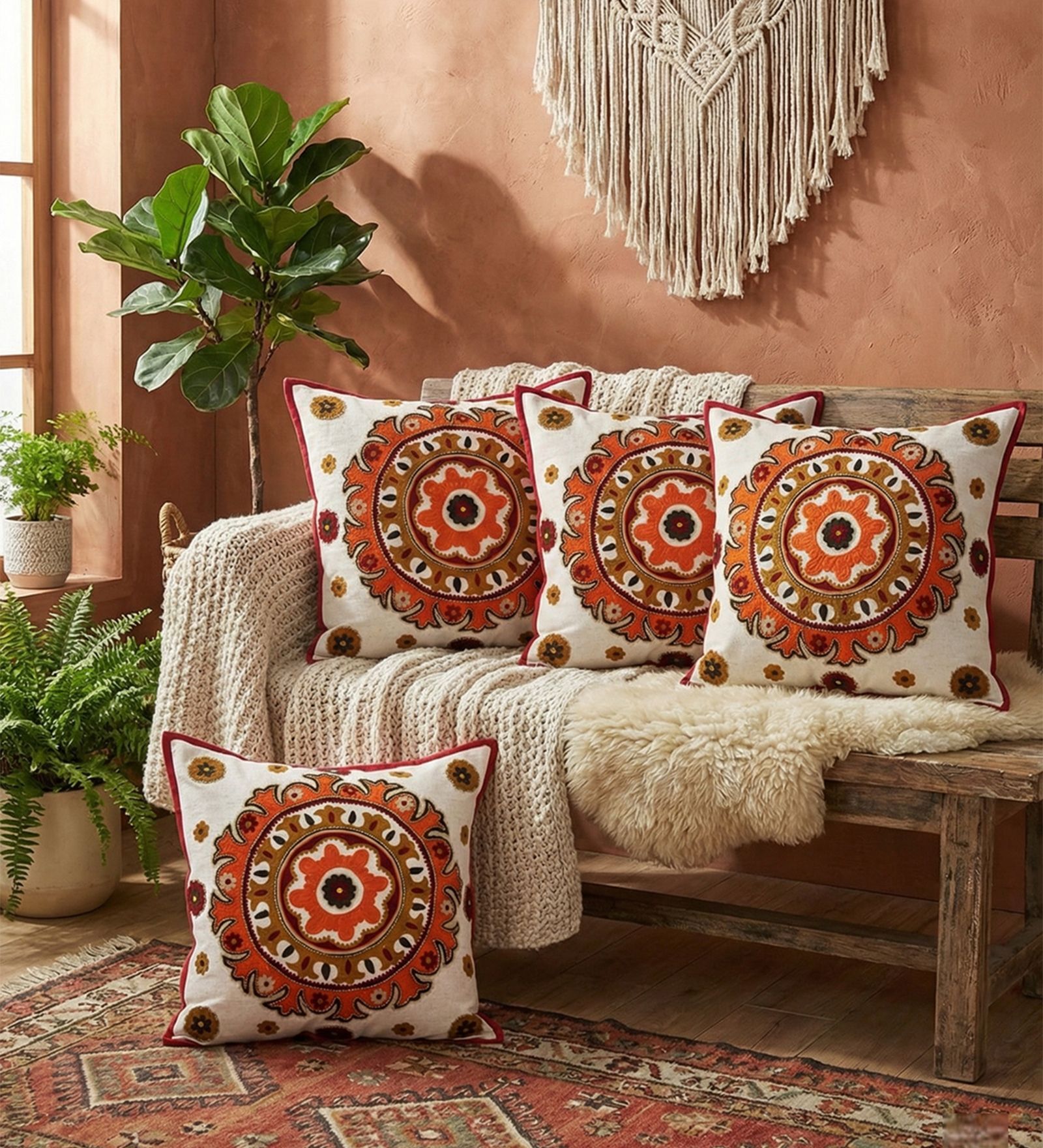 Vibrant Embroidered Mandala Throw Cushion Cover (18x18)