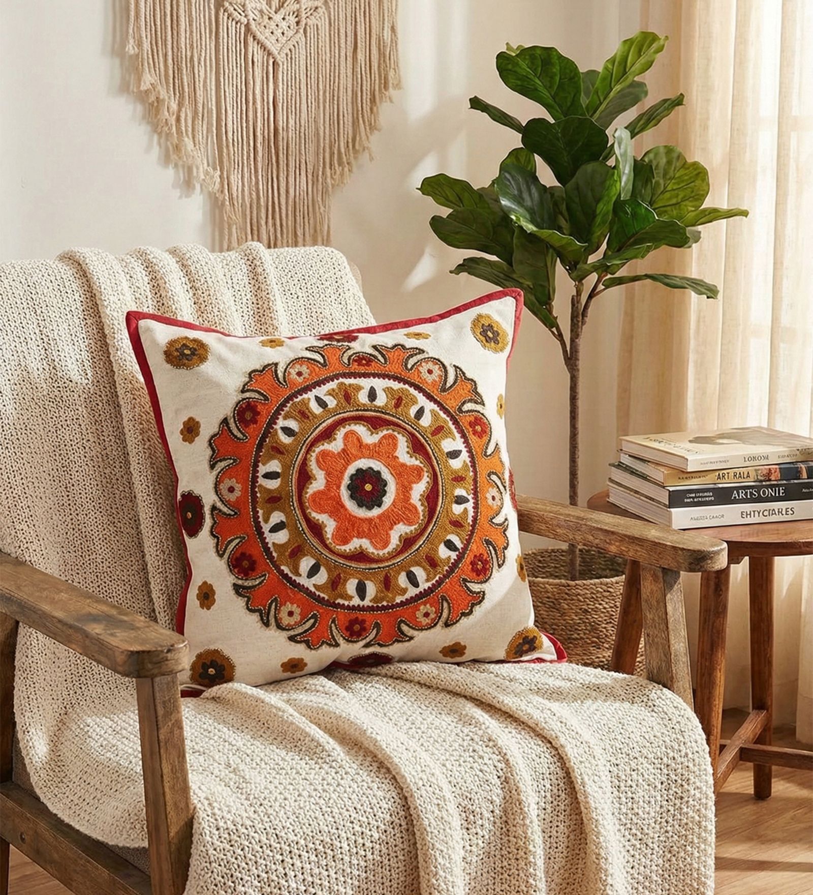 Vibrant Embroidered Mandala Throw Cushion Cover (18x18)