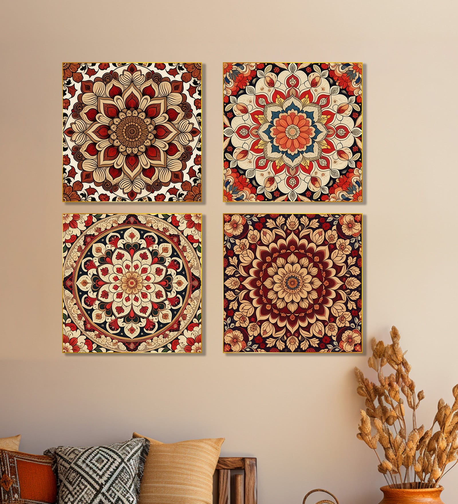 Floral Canvas Art Collection Printed Set of 4 Wall Painting Gold Frame