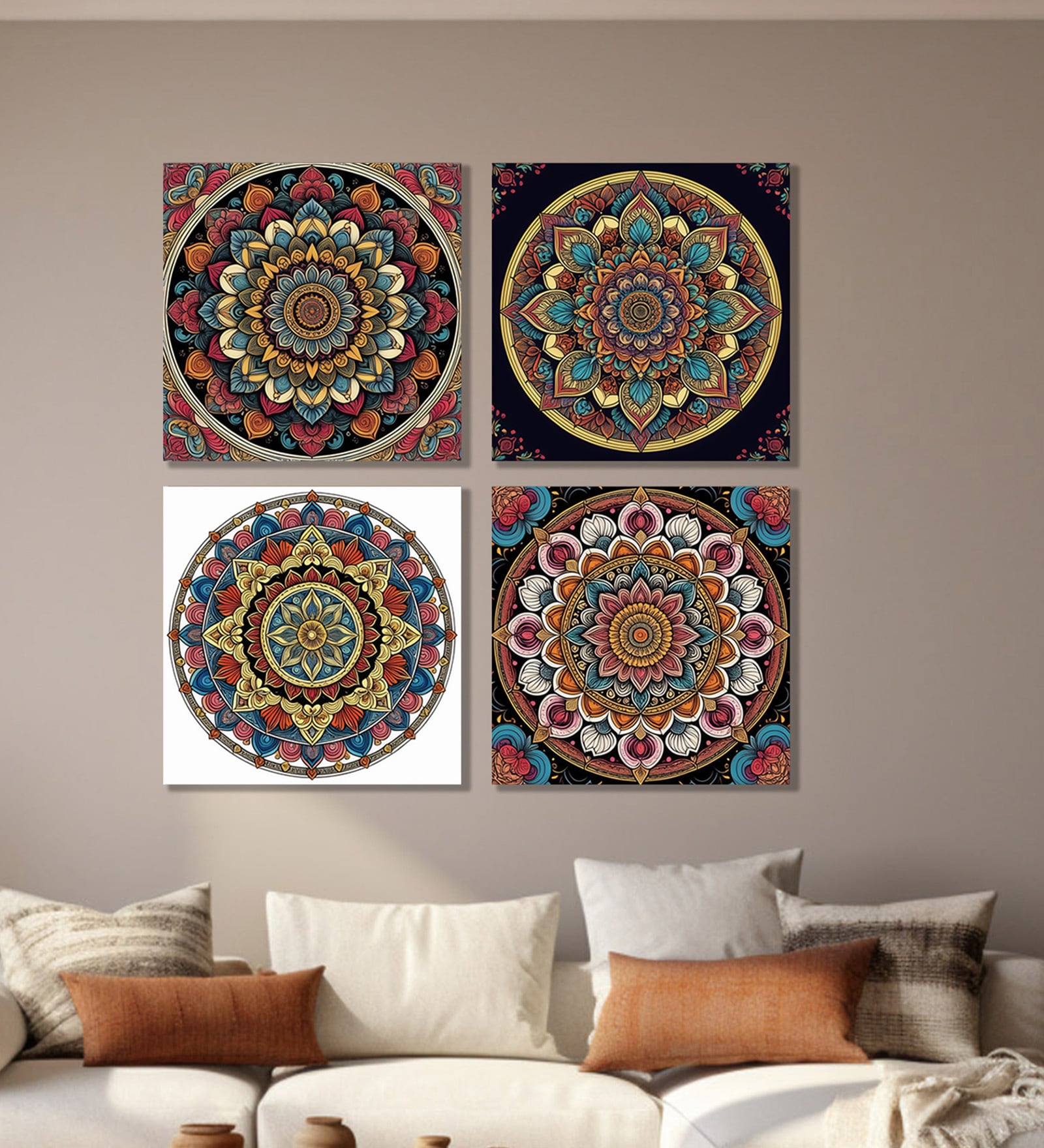 Floral Circle Canvas Set of 4 Printed Wall Painting Stretch Canvas Frame