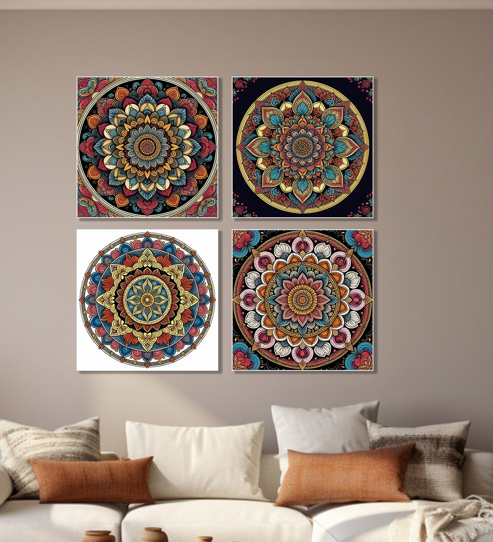 Floral Circle Canvas Set of 4 Printed Wall Painting White Frame