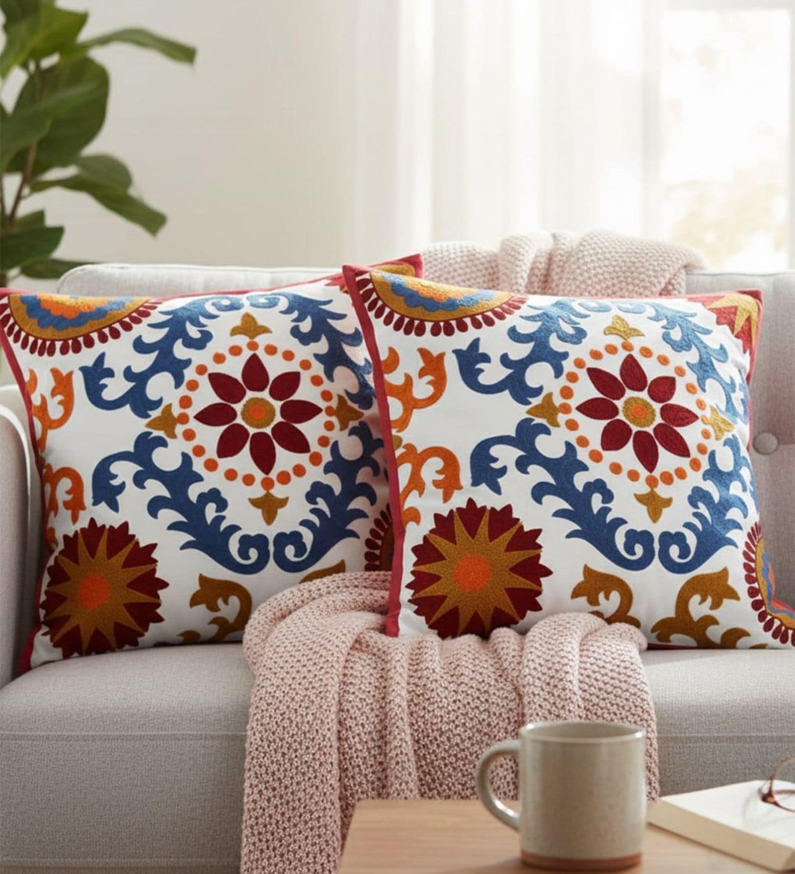 Vibrant Suzani Embroidered Throw Cushion Cover (18x18)