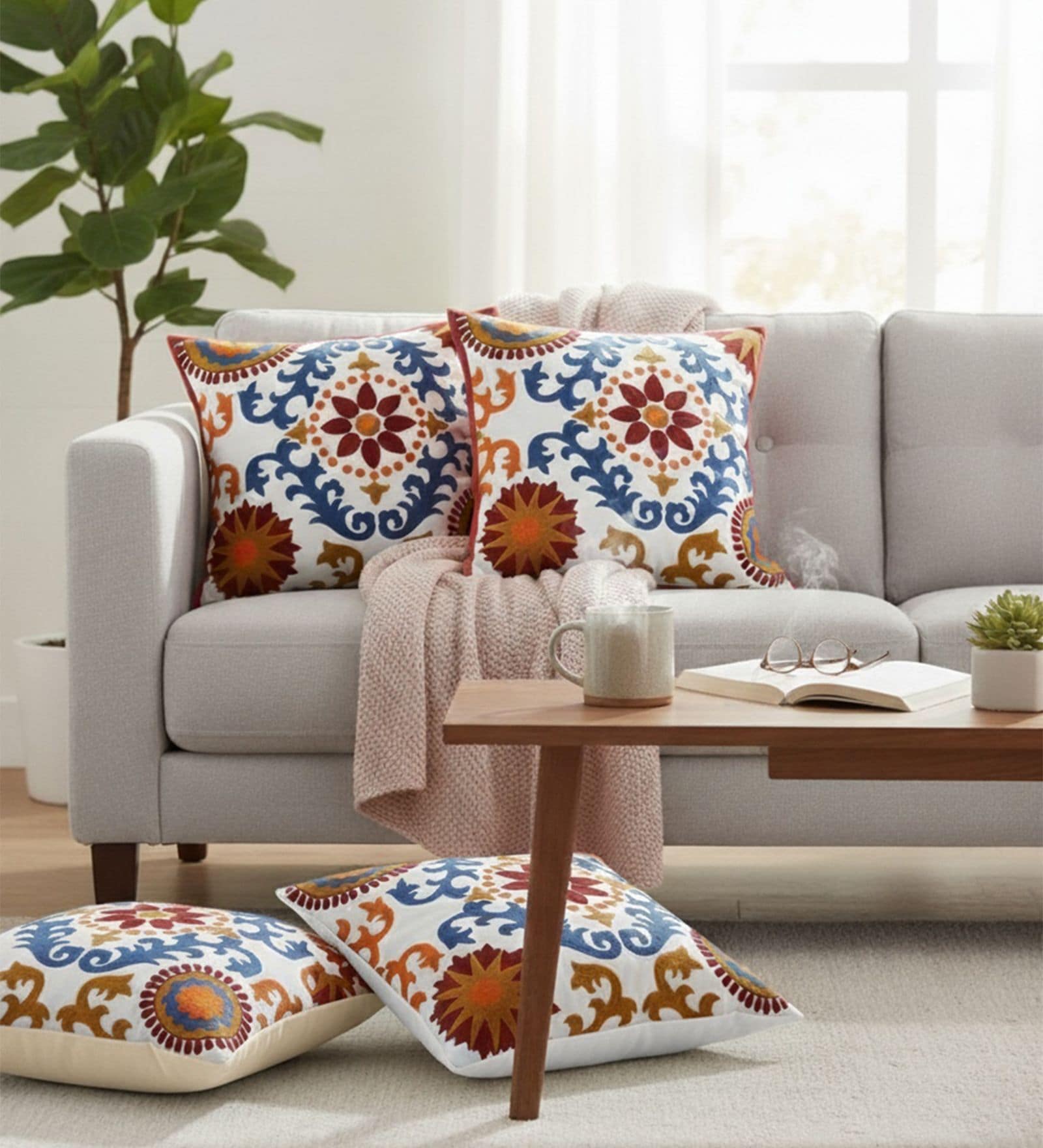 Vibrant Suzani Embroidered Throw Cushion Cover (18x18)