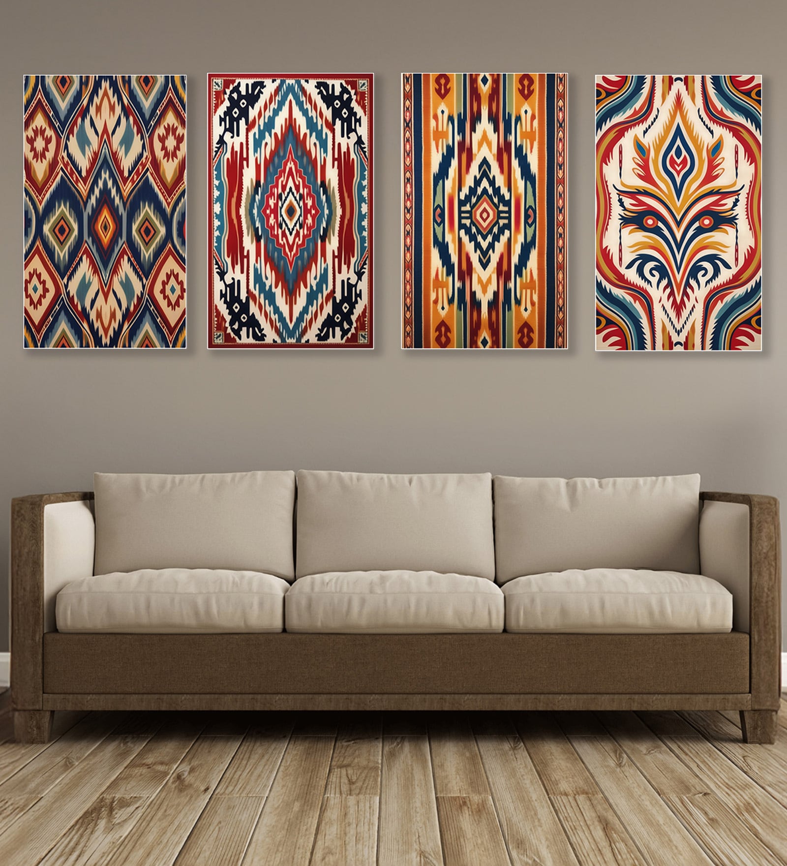 Tribal Pattern Canvas Collection Set of 4 Printed Wall Painting White Frame