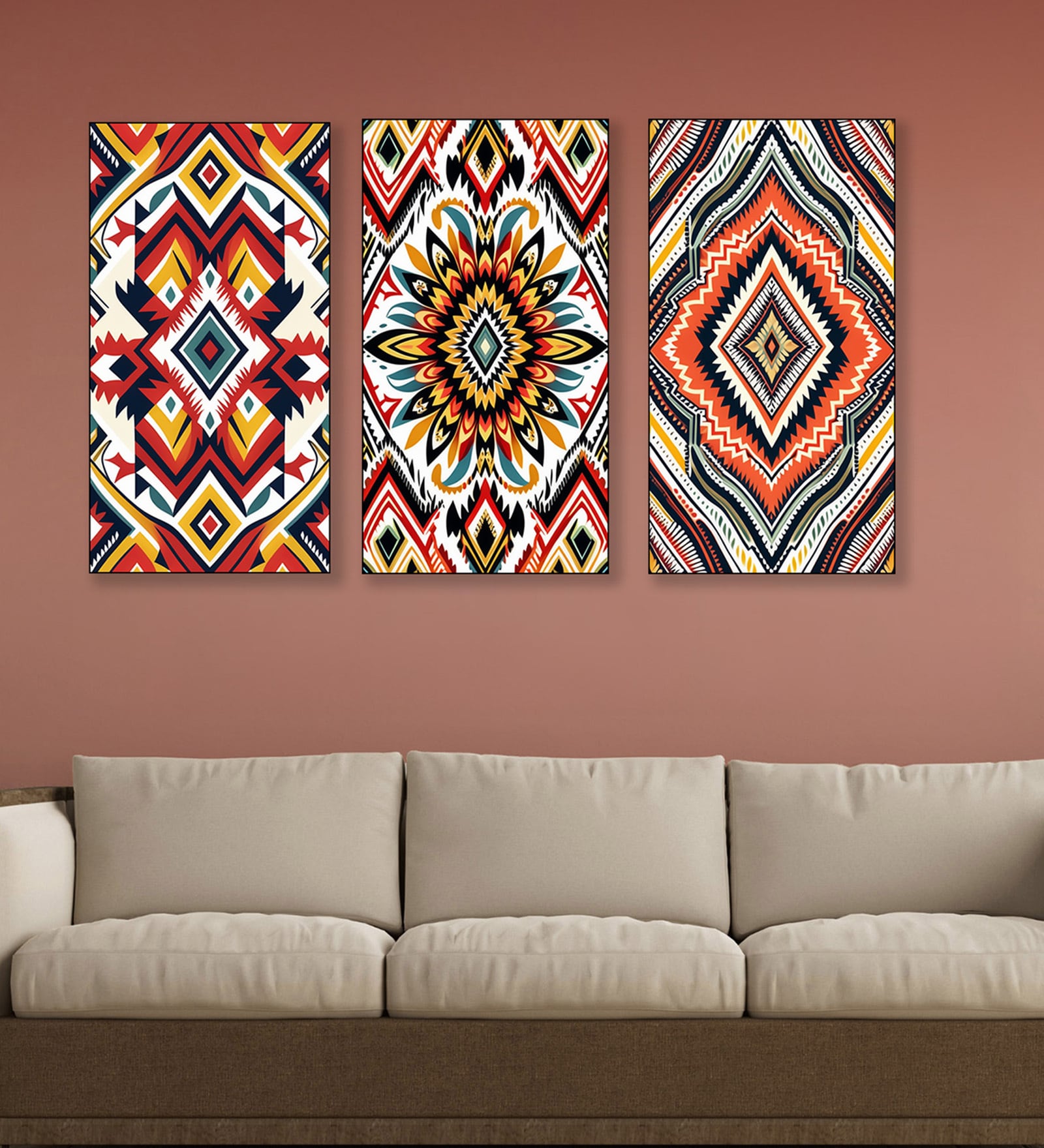 Tribal Pattern Canvas Set of 3 Printed Wall Painting Black Frame