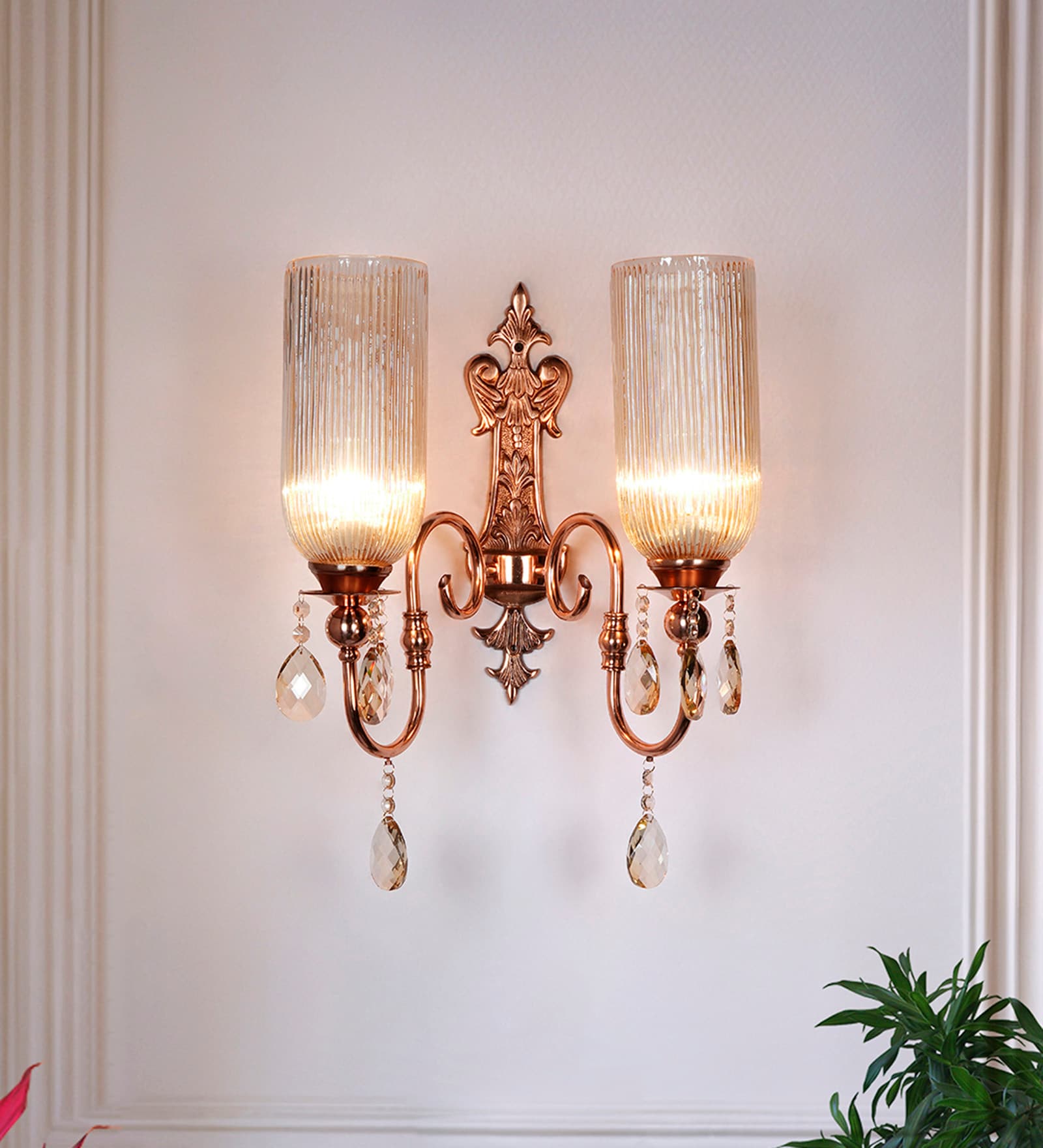 Victoria Double Polished Copper Wall Sconce with Luster Glass and Crystals