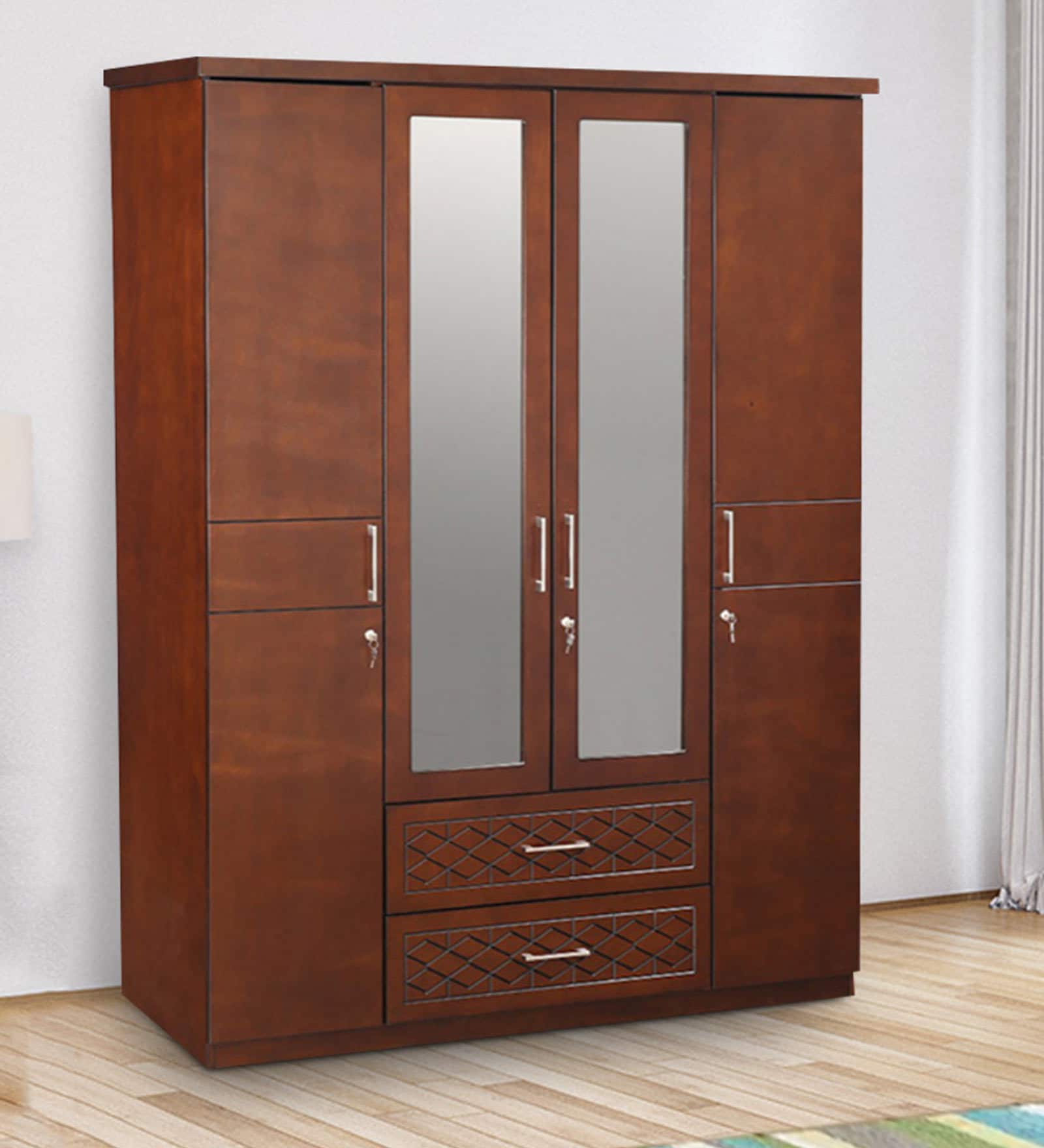 Victoria Solid Wood 4 Door Wardrobe in Antique Cherry Finish with Mirror